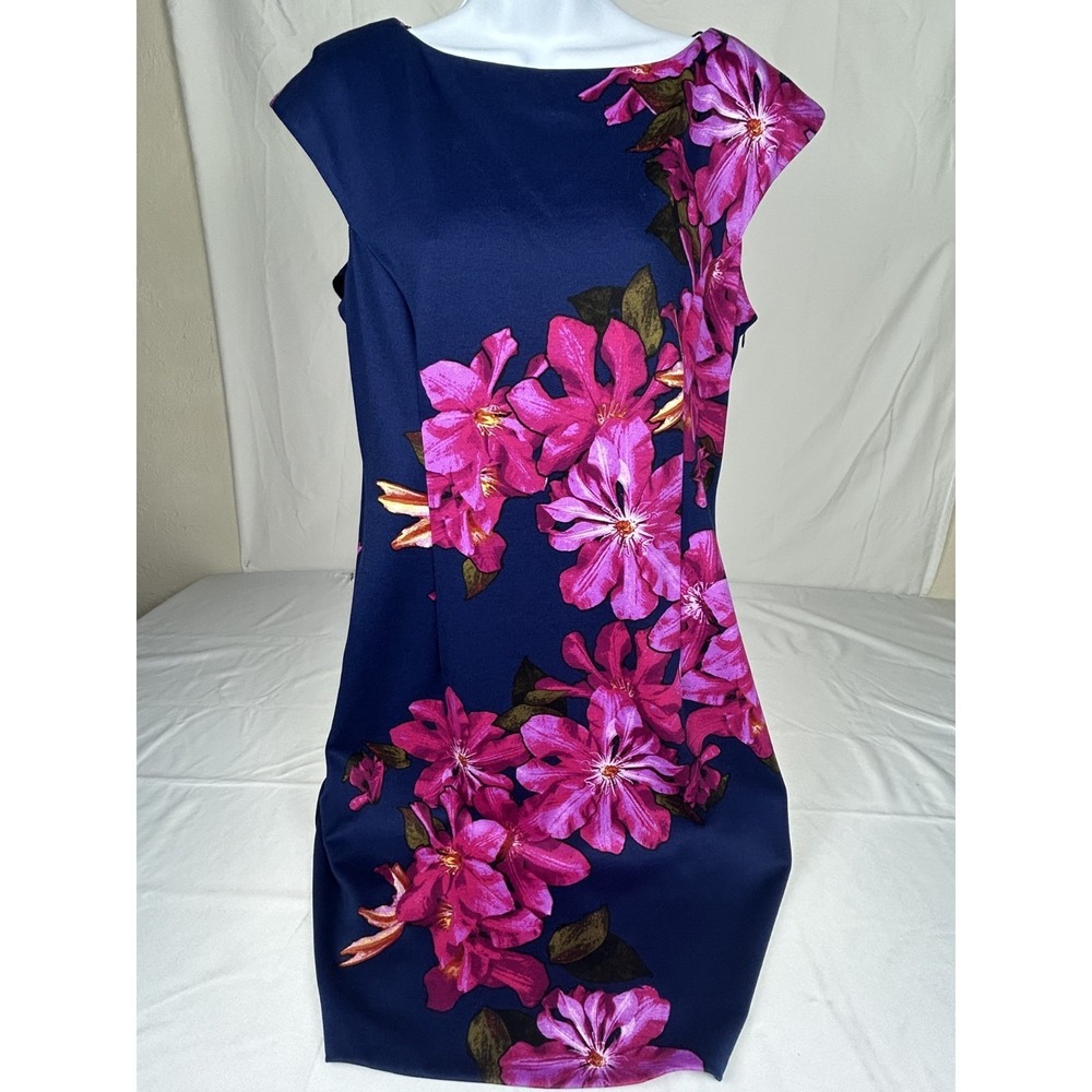 Wisp Navy Blue Pink Floral Dress Womens Sheath Cap Sleeve Bold Print Size 14